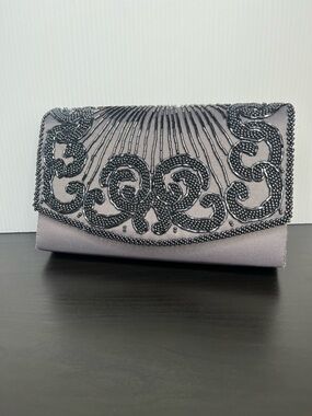 Y2K Beaded Clutch Handbag Gray Purple Evening Formalwear Purse La Regale Classic